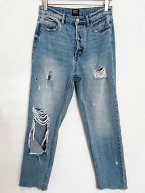 BDG Jeans Size 27 Blue High Rise Distressed Ripped Straight Raw Hem Grunge Indie
